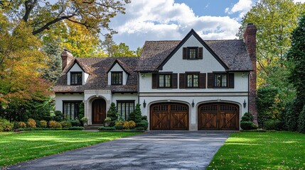 Stunning Tudor-style mansion with a lush green lawn and spacious driveway
