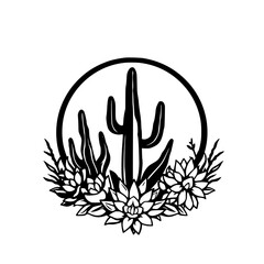 Fototapeta premium Black and White Cactus with circle, plants and Flowers.