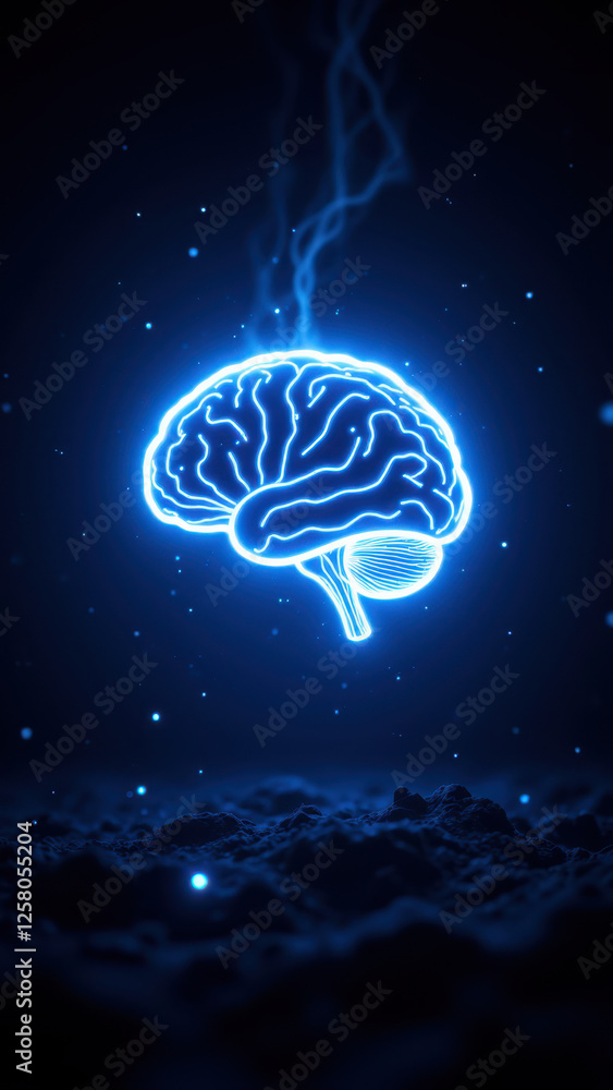 Poster this is an artistic representation featuring a glowing blue brain with cosmic rays emanating from it