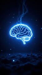 This is an artistic representation featuring a glowing blue brain with cosmic rays emanating from it, set against a dark background.