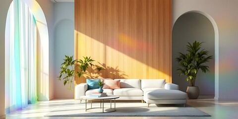 Modern living room, sunlight, arched windows, plants, wooden wall, interior design