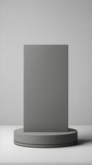 Minimalist Gray Mockup Blank Vertical Rectangle on Cylindrical Pedestal Studio Shot