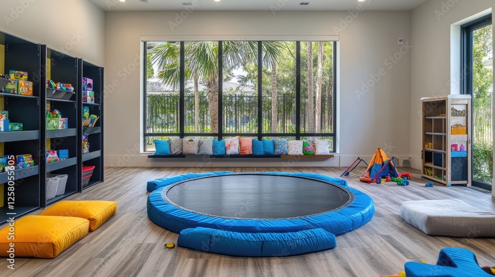 Wall mural Playroom with a large indoor trampoline, storage cubes for toys, and floor cushions for comfort and safety during active play