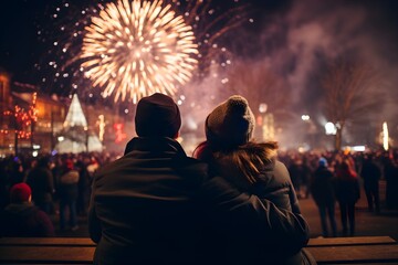 Obraz premium Romantic Couple Watching Fireworks Display at Night in City