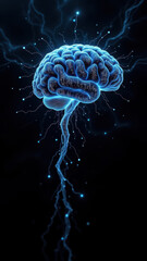 Fototapeta premium An artistic representation of artificial intelligence or advanced cognitive processes, featuring a vibrant blue human brain with lightning bolts emanating from it, symbolizing energy and power.