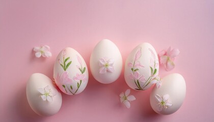  Easter eggs with delicate floral decoration on pink background 