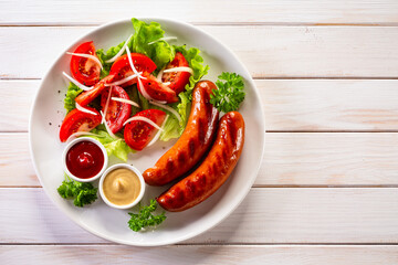 Grilled sausages with fresh salad, ketchup and mayonnaise served on white wooden table	