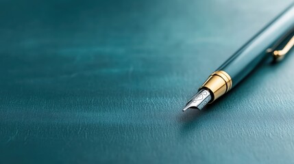 An exquisite fountain pen is the center of attention, highlighted by intricate details and a soft focus on a textured surface, reflecting artistry and elegance in design.