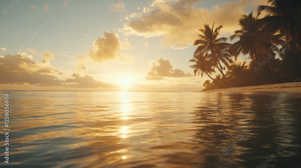 Poster sunset over calm ocean waters with palm trees along a serene beach in a tropical location. generativ