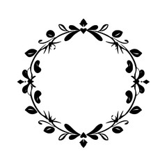 Elegant black floral wreath on white background, minimalist symmetrical design.