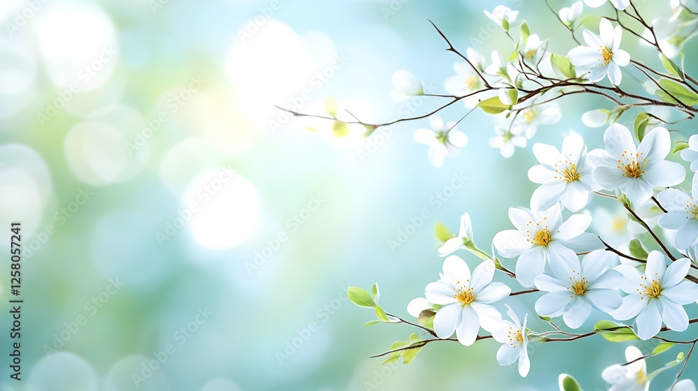 Poster Delicate White Spring Blossoms on Branches with a Soft Bokeh Background Creating Serene Impression