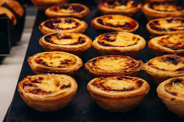Close-up of Pastel de nata (Portuguese: pasteis de nata), a famous Portuguese egg custard tart pastry