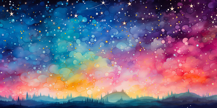 Kolorowe nocne niebo nad sylwetkami, ilustracja