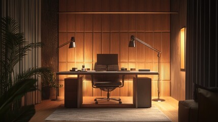 Podcast recording space with a custom-built desk, boom arm microphones, and soft ambient lighting for a relaxed atmosphere