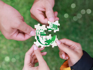 Volunteers help solve environmental problems, teamwork, sustainable development goals for environmental conservation, green business or corporate collaboration, World Environment Day