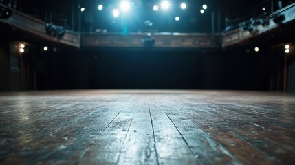 A vintage theater stage captured from a low angle, featuring polished wooden flooring and dramatic spotlights highlighting the performance area, creating an inviting atmosphere.