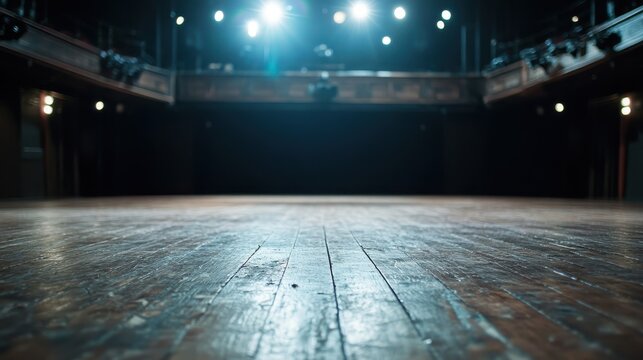 A vintage theater stage captured from a low angle, featuring polished wooden flooring and dramatic spotlights highlighting the performance area, creating an inviting atmosphere.