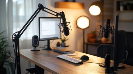 Podcast recording space with a custom-built desk, boom arm microphones, and soft ambient lighting for a relaxed atmosphere