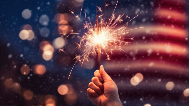 photograph of Close-up of a hand holding fireworks in the American flag background.