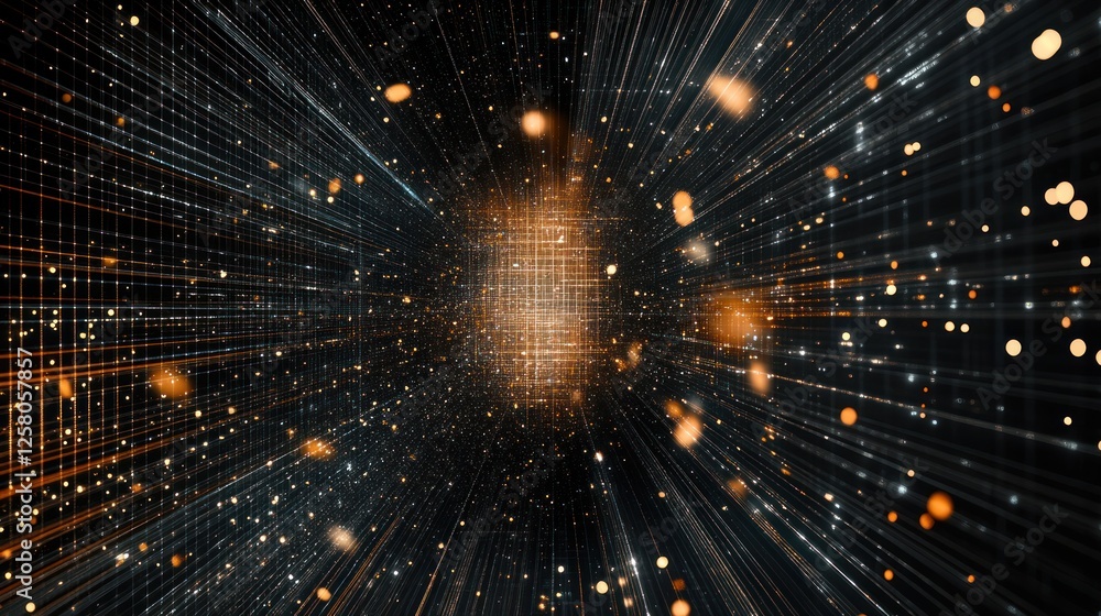 Poster black background with quantum computing abstract grid, high-tech futuristic look