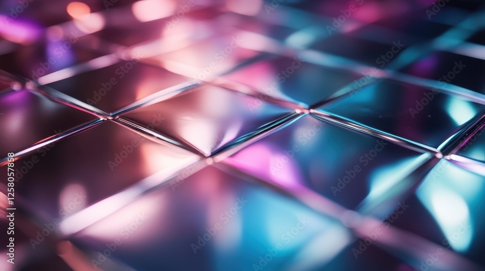 Poster an artistic arrangement of shiny geometric patterns reflecting various colors of light, creating a d