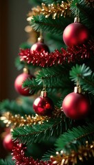 Obraz premium Vintage ornaments and tinsel wrap around the tree, holiday, festive