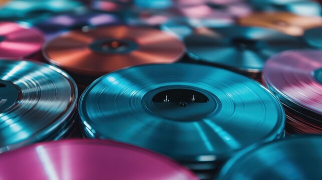 A vibrant collection of vinyl records featuring a stunning mix of colors and reflections that showcases the beauty of music and nostalgia with modern flair.