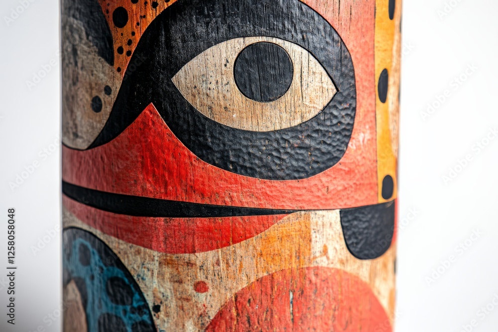 Poster unique wooden sculpture featuring vibrant abstract patterns and eye design showcased in a minimalist