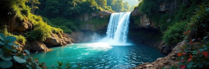 Agua cristalina en una cascada alta y profunda, high, terrain