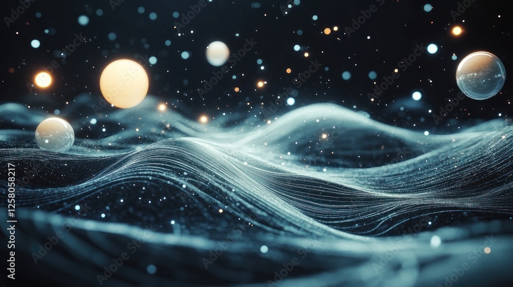 Poster abstract representation of waves with glowing orbs in space