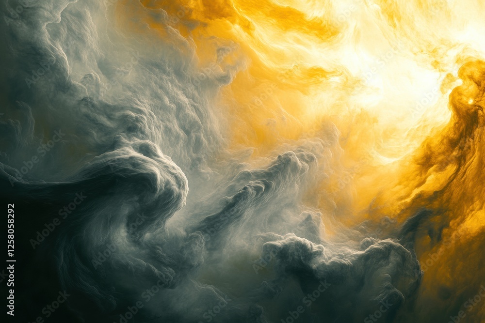 Poster Swirling yellow and gray clouds of Venus illuminated by glowing sunlight with space for text. Generative AI