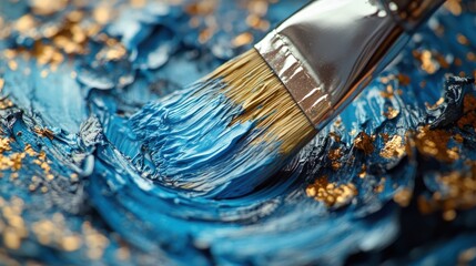 Fototapeta premium Blue paint, gold leaf, brushstrokes, artistry.