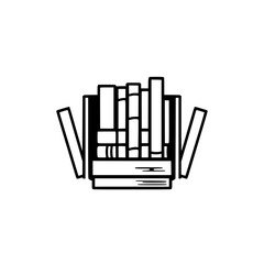 A stylized black-and-white line art illustration depicting books inside an open box, with a focus on education and knowledge.