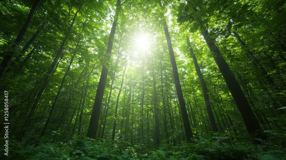Poster sunlight pierces through a dense forest with towering trees, creating a magical atmosphere filled wi