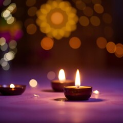 Two lit candles in brown holders with out-of-focus festive lights in the background create a warm serene ambiance indian festival diwali day Bokeh light lights background bokeh abstract light 