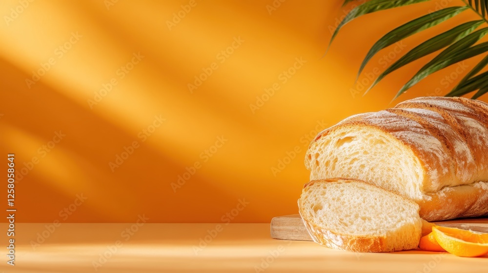 Poster this inviting image captures golden crusted bread with a slice adorned by fresh oranges, symbolizing