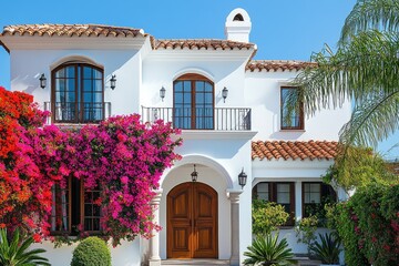 Fototapeta premium Charming mediterranean villa with vibrant bougainvillea