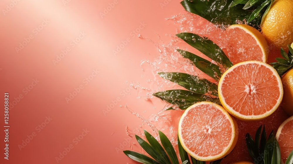 Poster half-cut oranges surrounded by splashing water create a refreshing and vibrant visual that embodies 