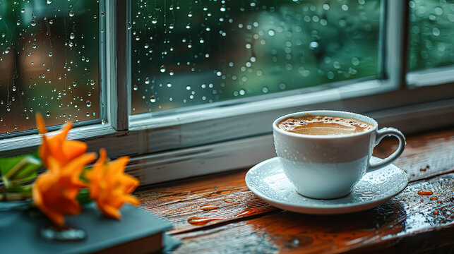 Cup of coffee sits on a wooden table next to a book. The coffee is hot and steam is rising from the cup. The book is open to a page with a flower on it. The scene is cozy and inviting