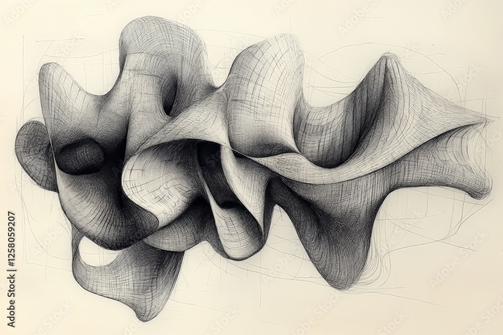 Poster intricate abstract drawing showcasing flowing forms and complex geometry in monochrome tones
