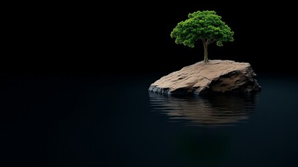 Lone Tree on Rock Surrounded by Reflective Water in Dark Setting