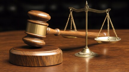 Justice Symbol with Gavel and Scales on Wooden Table Surface