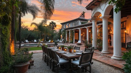 Fototapeta premium Luxurious villa with outdoor dining area at sunset