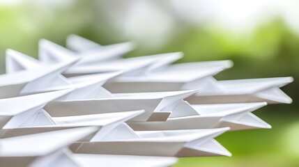 Fleet of Origami Paper Boats on Green Background