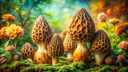 Obraz premium Detailed Morel Mushroom Illustrations on Vintage Garden Print - Botanical Stock Photo