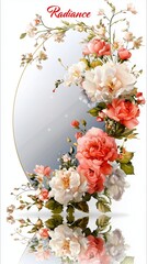 A mirror adorned with vibrant flowers and the word "Radiance" at the top.