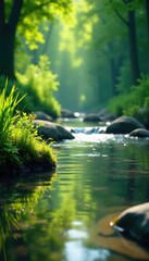 Fototapeta premium Aquatic plants and algae thrive in sunlit river, rivers, nature, freshwater
