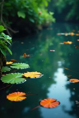 Naklejka premium Aquatic plants and fallen leaves in a quiet pool, pools, calm, reflective