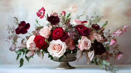 Elegant floral arrangement featuring roses and snapdragons indoor setting still life soft lighting classic aesthetic