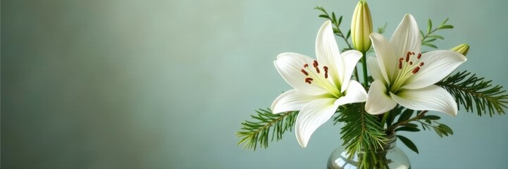 Obraz premium arrangement of white lilies, eucalyptus, and pine in a glass vase, pine, elegant, holiday decor